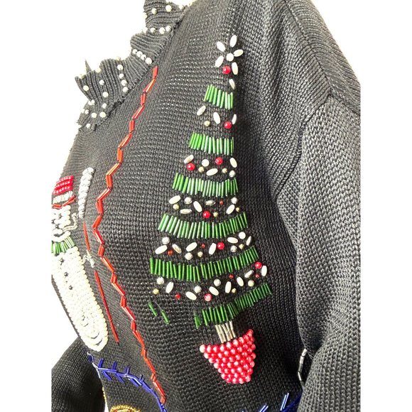 Christmas Tunic Sweater Victoria Jones Vintage 90’s M/L Black Beaded Pearls Mock - Picture 9 of 17